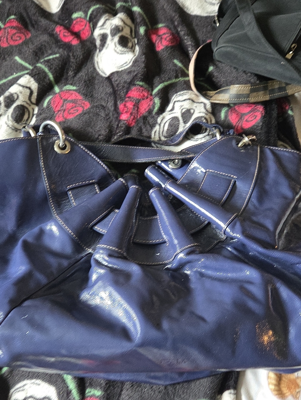 Patent Navy Blue Shoulder Bag with Gathered Front Detail Furla